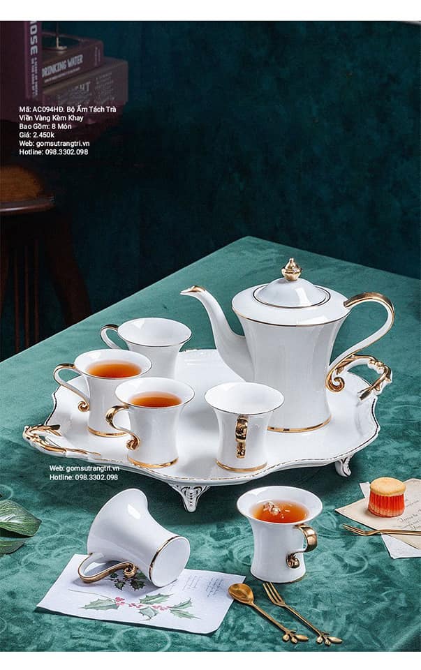 BỘ ẤM TÁCH TRÀ VIỀN VÀNG KÈM KHAY